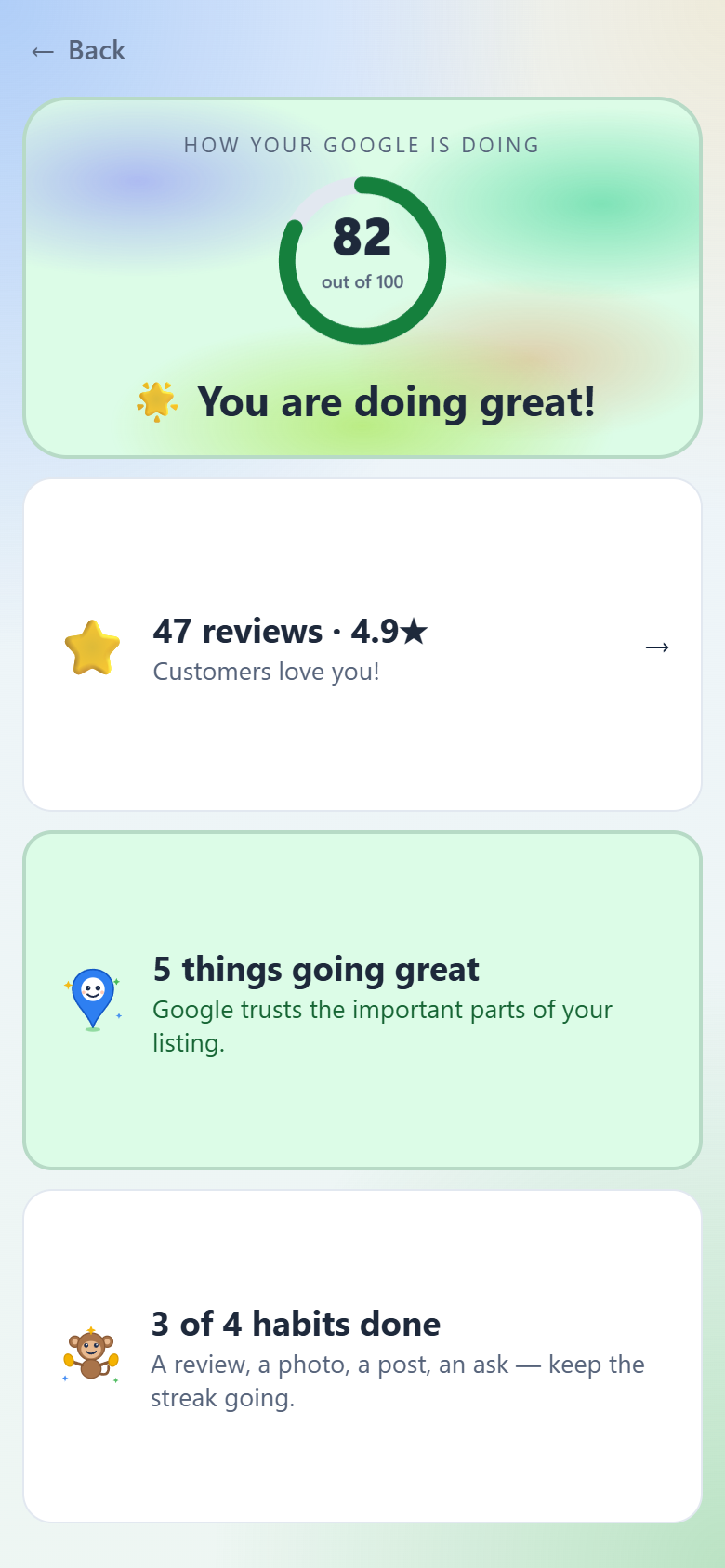 The GetFound app showing your Google score and how you are doing.