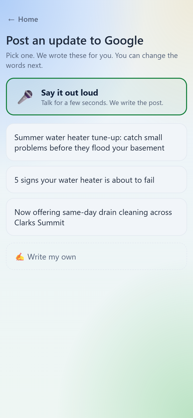 Google post ideas the app wrote for you to pick from.