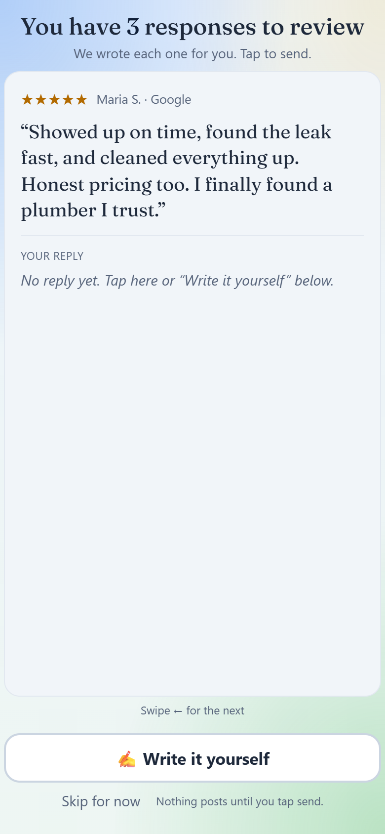 A review reply the app wrote for you, ready to send.